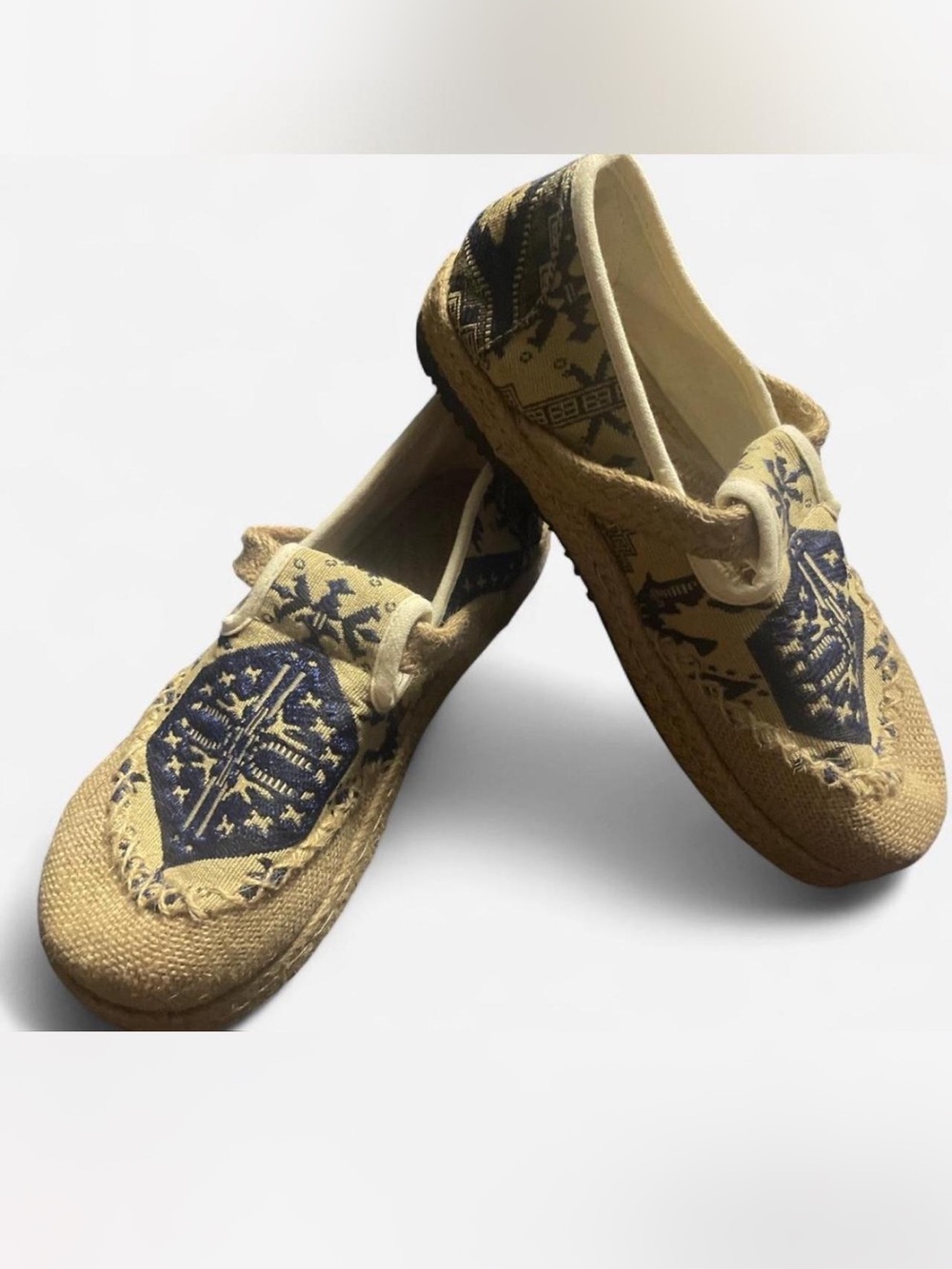 Espadrille Slip-On Shoes in Tan with Navy Accent Jute and Lenin